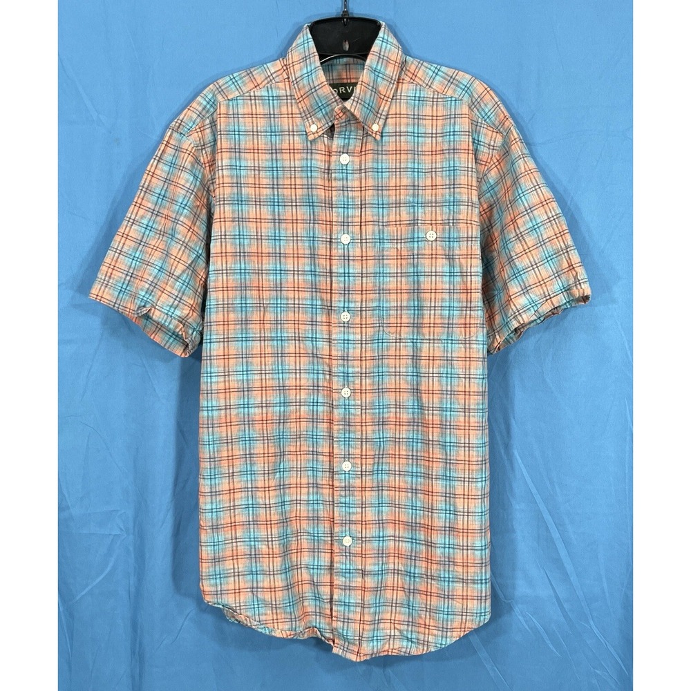 ORVIS Men's BLUE/ORANGE PLAID Cotton Twill 1-PKT Short Sleeve BUTTON-UP Shirt M